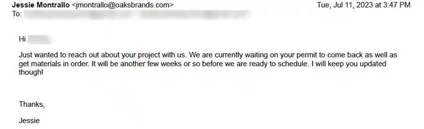 Oaks Brands employee Jessie Montrallo email message