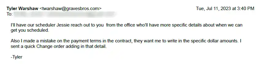 Graves Bros employee Tyler Warshaw email message
